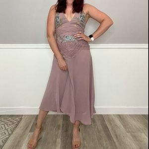 Embroidered mauve blush nude midi dress with cut out!